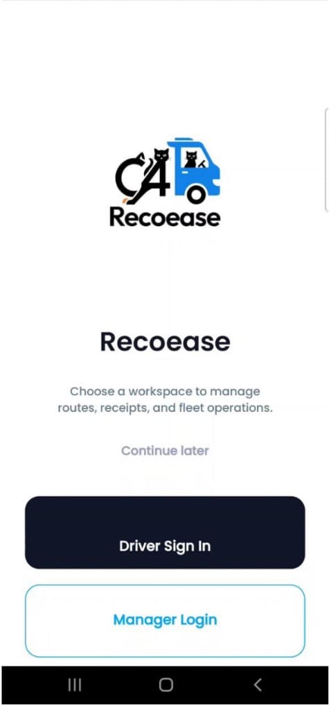 Recoease driver sign-in and workspace selection screen